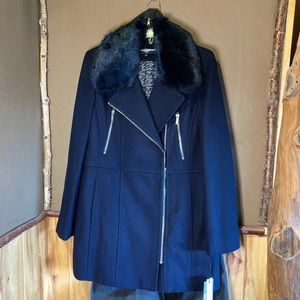 Karl Lagerfeld Wool Coat Faux Fur Navy